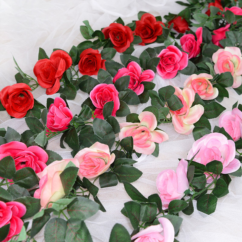 220cm seta rosa fiore artificiale Rattan pianta finta foglie vite stringa arco di nozze appeso decorazione decorazione della parete del giardino di casa