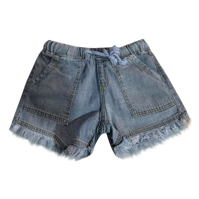 Pantalones vaqueros de bolsillo para mujer, Vaqueros cortos informales con cintura elástica, con borlas y vendaje, para el verano