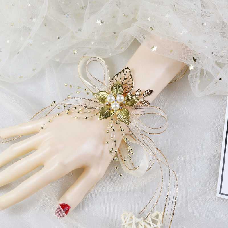 Pulsera de flor de muñeca con diseño de flor de champán, brazalete con diseño de flor de muñeca, para novia, dama de honor, boda, Reunión Anual