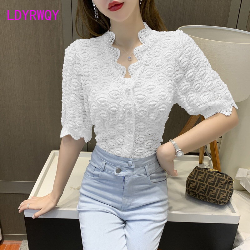 LDYRWQY 2021 summer Korean version of the new short-sleeved three-dimensional lace crocheted hollow slim V-neck beaded shirt