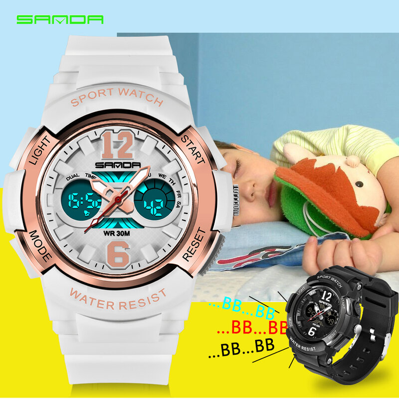 SANDA Watches Children Colorful LED Back Light Sport Kids Wristwatches Alarm Chronograph 30m Waterproof Calendar Clock Gift 757