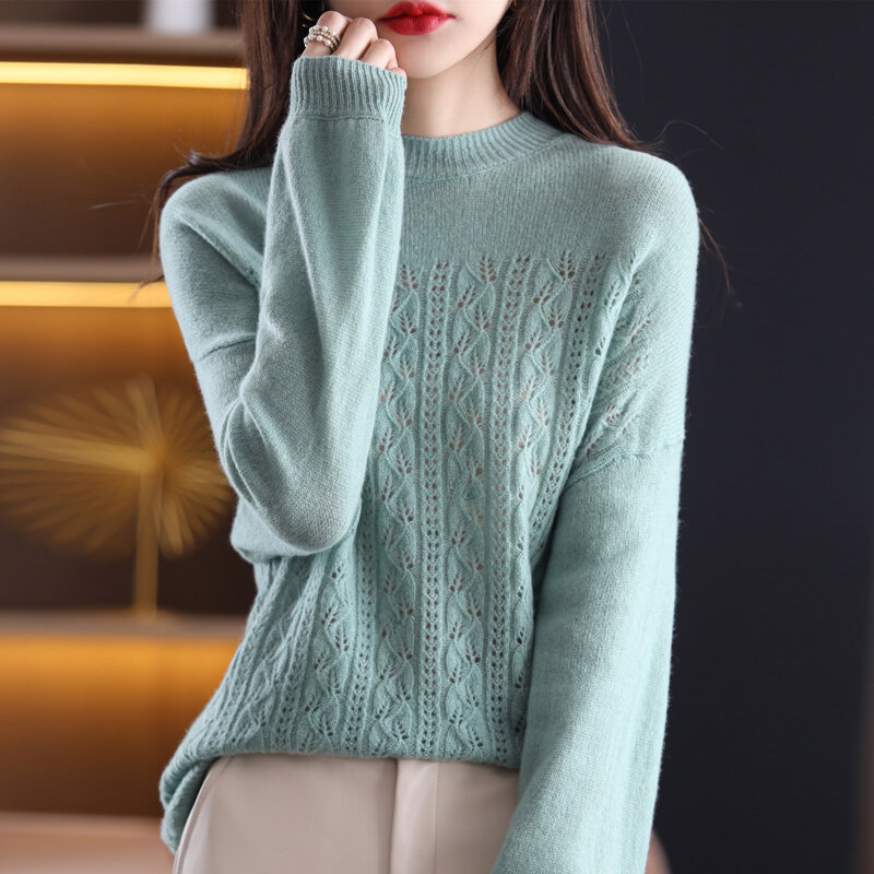 Damski sweter z okrągłym dekoltem kaszmirowy moda jesienno-zimowa luźny żakardowy dziki chudy sweter czysty sweter z wełny dzianinowy najniższy