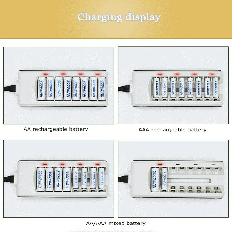 Chargeur de batterie rapide aa/aaa, 8 pièces, écran LED, ni-mh ni CD, prise ue/eue/au/ru, chargeur intelligent à double canal