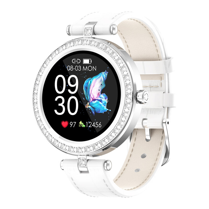 Mulheres relógio inteligente pulseira de couro em tempo real freqüência cardíaca bluetooth 5.0 oxigênio no sangue pedômetro controle música registro sono calorias