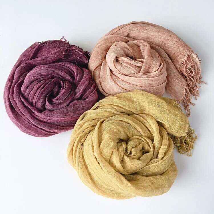 Vintage plisowana bawełna lniana lniany szalik damski wiosenny i jesienny cienki stylowy oddychający szal Temperament wszechstronny nowy jedwab