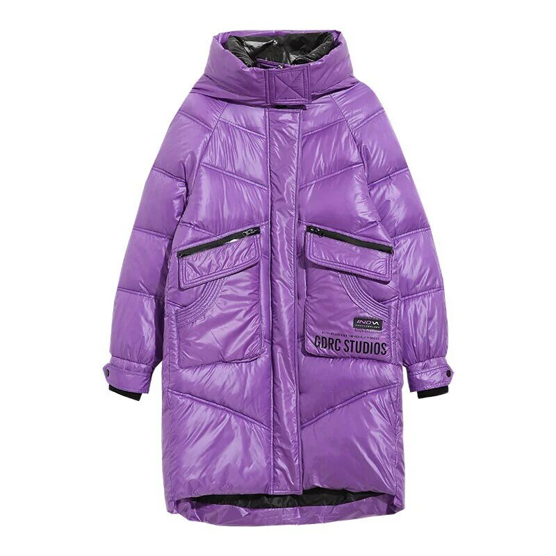 Shiny Face Down Padded Jacket Women 2022 New Winter Korean Version Of Loose Hooded Mid-length Simple Thick Coat
