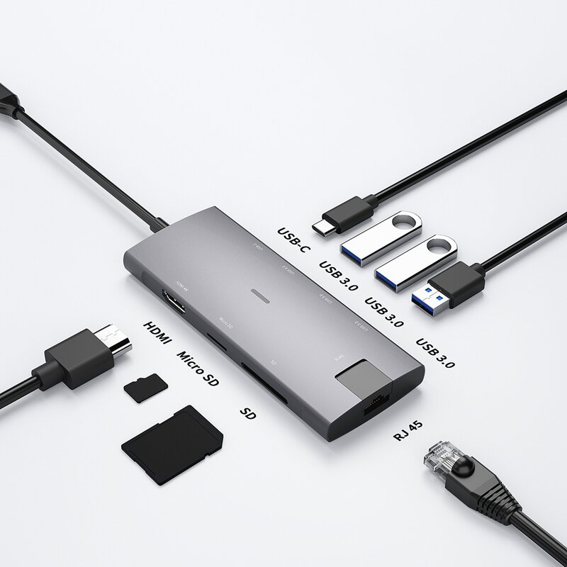 HUB USB tipo C 8 en 1, adaptador de estación de acoplamiento HDMI USB 3,0, adecuado para portátiles y teléfonos móviles.