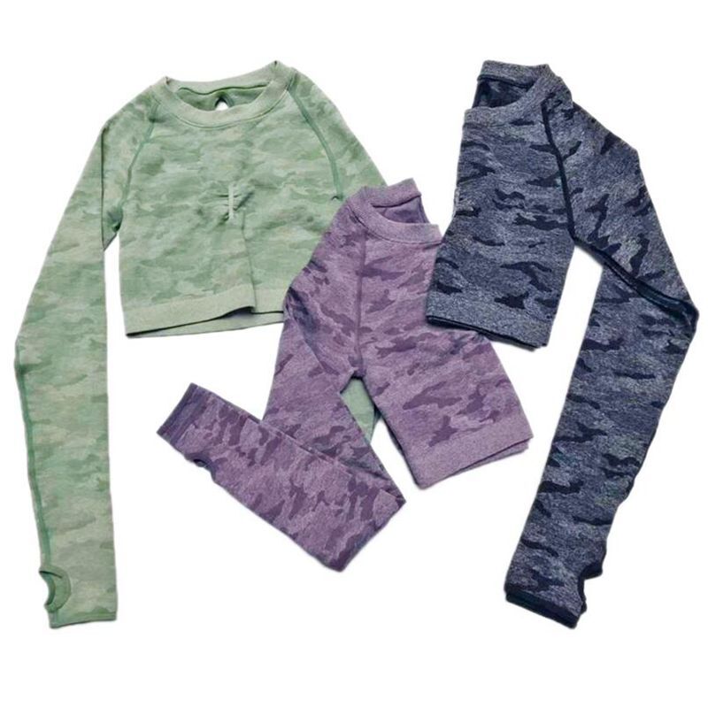 Newest Yoga Set Women Seamless Camouflage Long sleeves Tops High Waist Leggings Fitness Sport GYM Camo Suits Tight Workout pants