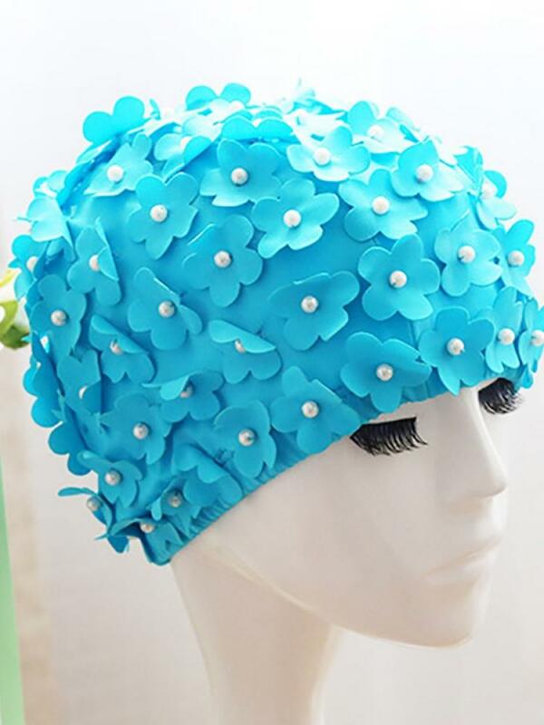 Женская шапочка для плавания, короткая тканевая шапочка ручной работы, с цветами и жемчужинами, длина лепестков, с трехмерными цветами