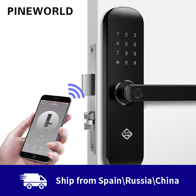 PINEWORLD-Cerradura electrónica inteligente de seguridad para puertas, bloqueo biométrico por huella dactilar, conectividad WiFi y por aplicación (APP), desbloqueo RFID con contraseña, ideal para casa u hoteles