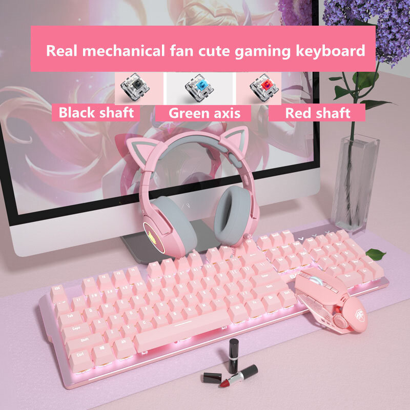 Girly – clavier filaire de jeu mécanique rose, interface USB à 104 touches, rétroéclairage blanc, adapté aux ordinateurs portables de gamer