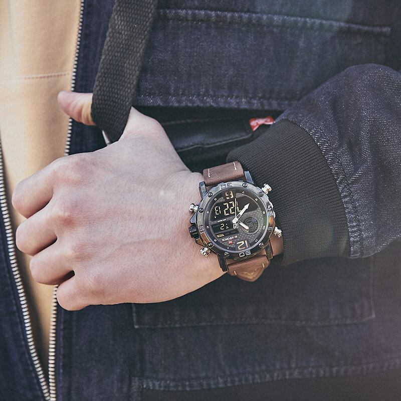 Часы наручные NAVIFORCE Мужские кварцевые цифровые, роскошные Брендовые спортивные повседневные в стиле милитари, с кожаным ремешком