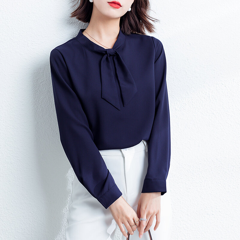 Blus Wanita Musim Gugur Kemeja Sifon Baru Mode Pullover Lengan Panjang Warna Solid Atasan Kantor Pakaian Kerja Blusas Mujer