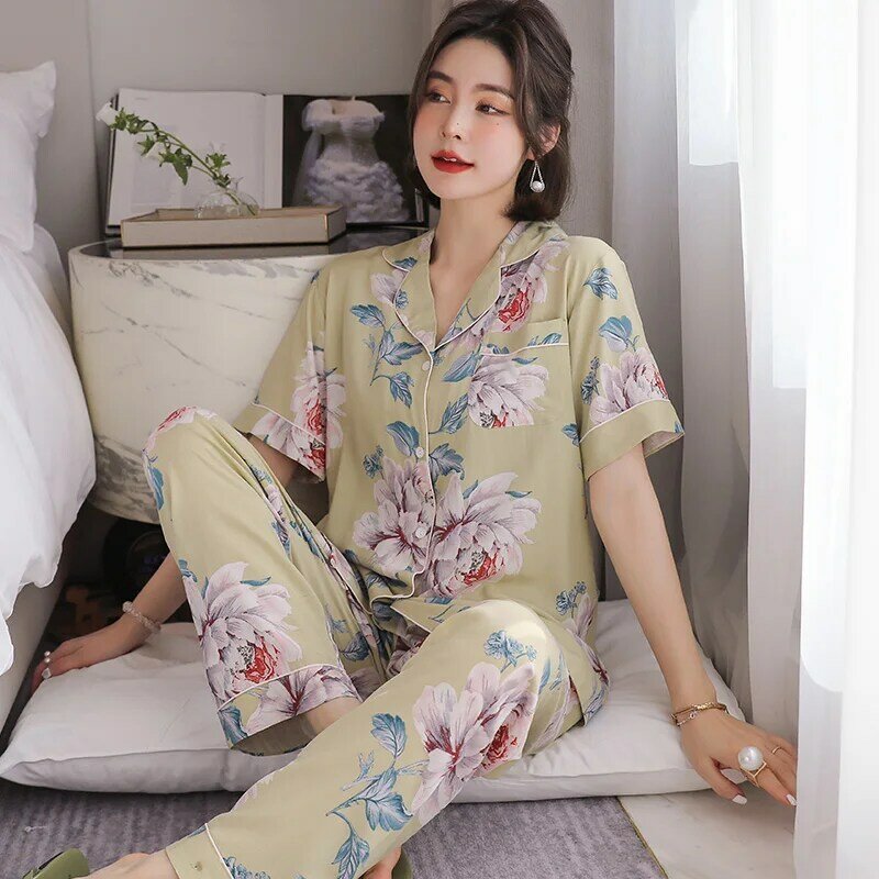 Poplin Pajamas Women's Spring and Summer Thin Artificial Cotton Home Wear Elegant Little Sister Large Size Bourette Suit