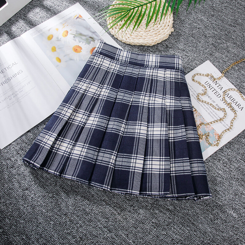 Verão y2k xadrez plissado saia feminina preto cintura alta forro de segurança curto coreano moda escola uniforme a-line menina mini saias