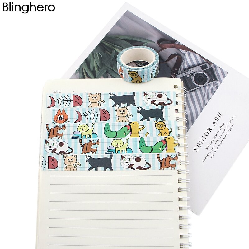 Fita de papel de desenho animado bh1211, fita washi de animais, adesivo de gato e cachorro kawaii, 15mm x 7m, papelaria