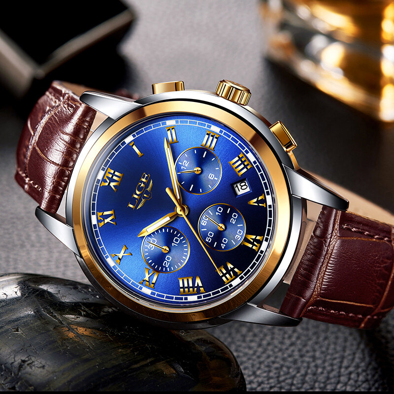 LIGE – montre en or pour hommes, horloge à Quartz, de luxe, étanche, en cuir, style militaire