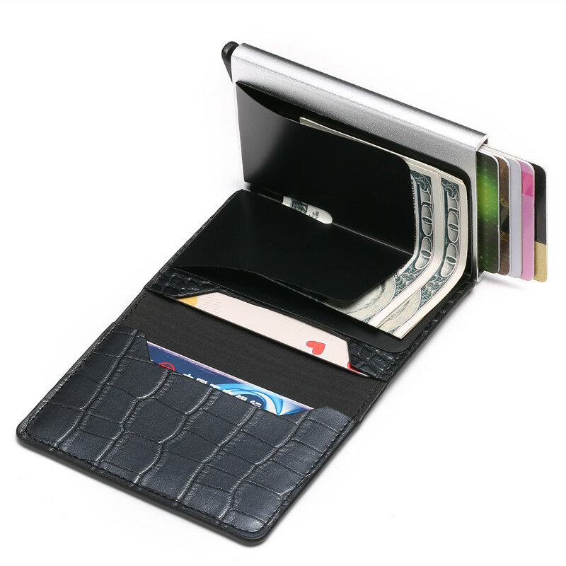 Bisi Goro dostosowane etui na karty kredytowe portfele dla mężczyzn RFID czarny Trifold skórzany cienki portfel Mini mała portmonetka męskie torebki