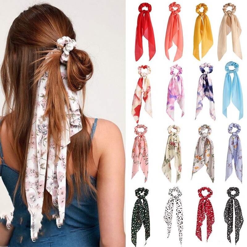 17KM Fashion Floral Print Scrunchies Solid Long Hair Ribbon For Women Ponytail Scarf Sweet Elastic Hair Band Hair Accessories