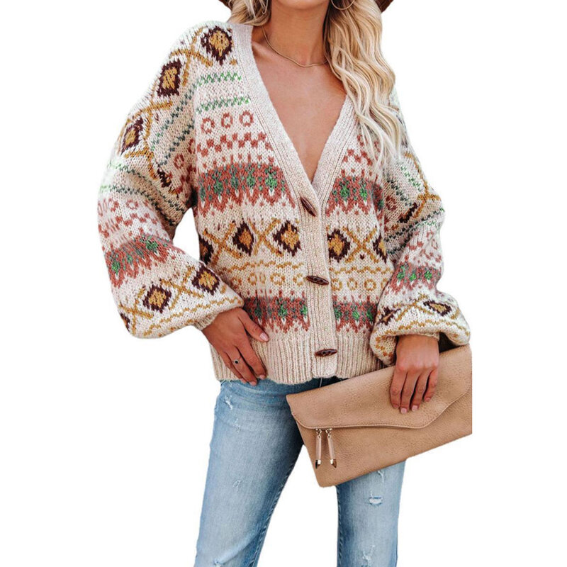 Women Geometry Knitted Cardigan Sweater Deep V-Neck Jumper Button-Up All-Match Female Chic Korean Loose Tops Autumn Winter 2021