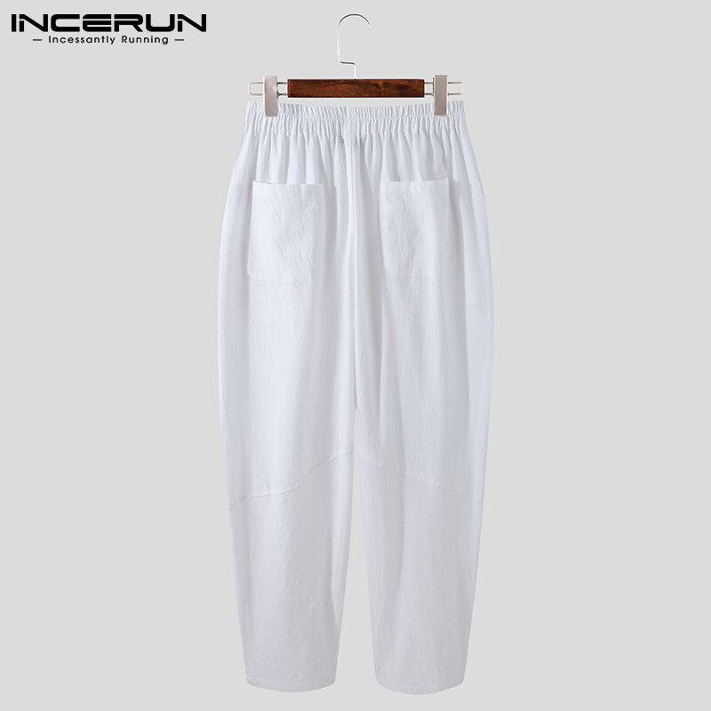 INCERUN Cotton New Men's 100% Loose Pants Solid Comfortable All-match Simple Casual Streetwear Split Line Tapered Trousers S-5XL