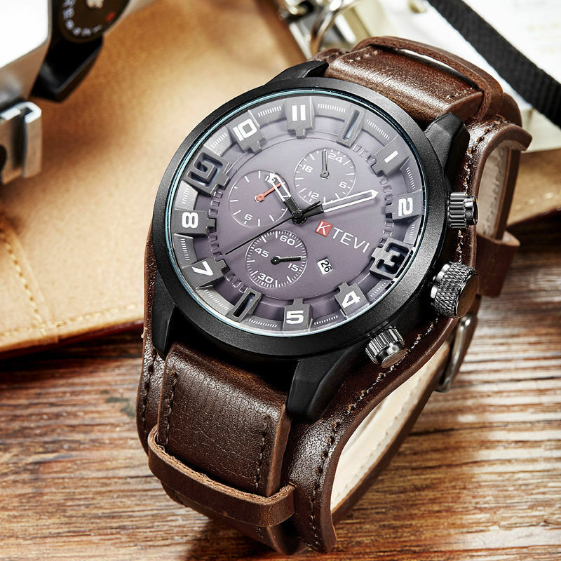 Ktevi marca de topo relógios masculinos relógios masculinos data esporte militar relógio pulseira couro quartzo negócios relógio presente 1982