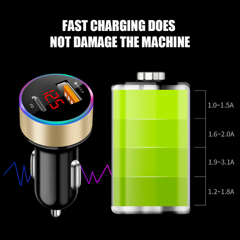 Universal USB Fast Car Charger 12-24V PD+QC3.0 Dual USB Fast Charging Adapter Digital Voltmeter Charger for Phone GPS with Cable