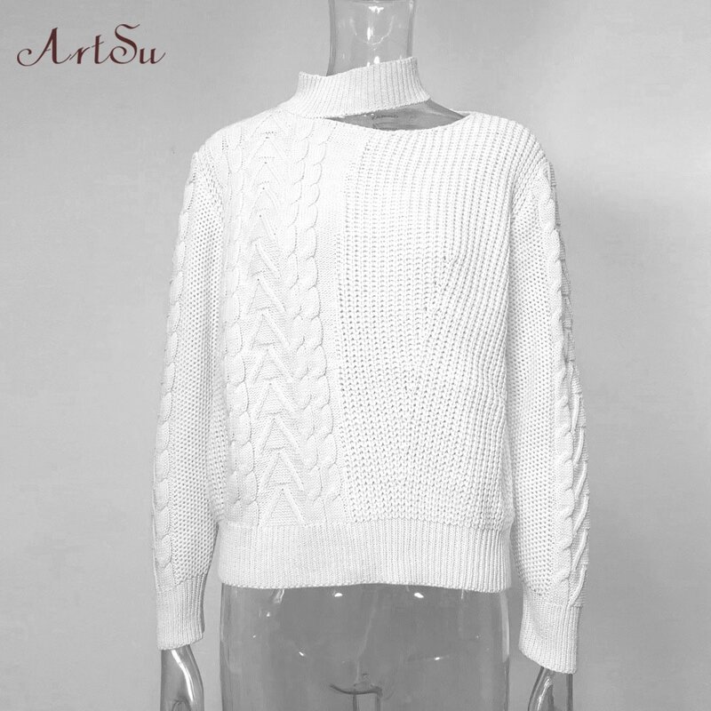 ArtSu 여성용 스웨터 2019 뉴 캐주얼 솔리드 루스 스웨터 베어 숄더 니트 풀오버 겨울 오버 사이즈 스웨터 ASSW60310