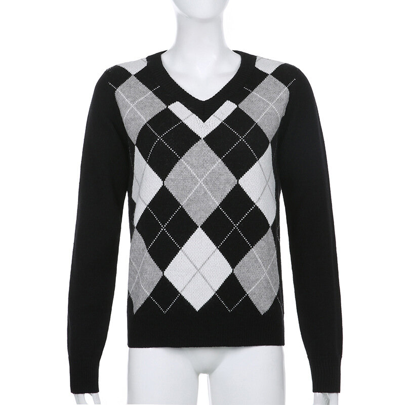 ALLNeon Indie Ästhetik Argyle Plaid Gestrickte Y2K Pullover Harajuku V-ausschnitt Langarm Pullover E-mädchen Vintage Streetwear Herbst