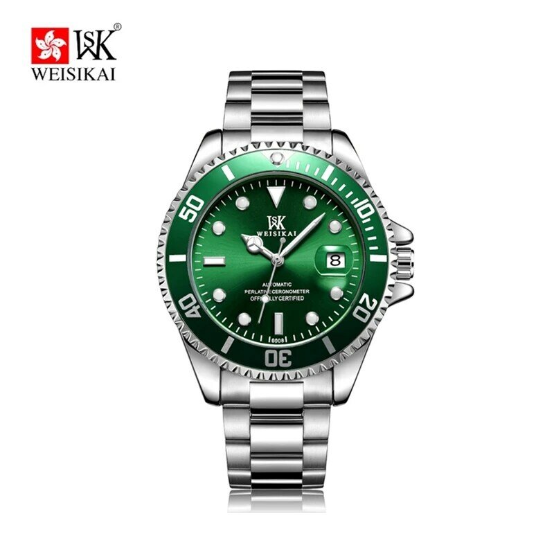 Weisika-남성용 자동 기계식 시계, 스테인레스 스틸 방수 비즈니스 스포츠 기계식 녹색 시계 6008