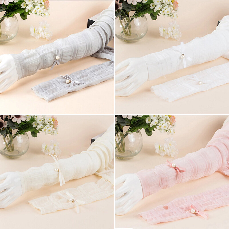 Sunscreen Long section Women Gloves Cuffs Half Finger New women   Bow Tie Ice Silk solid color Gloves