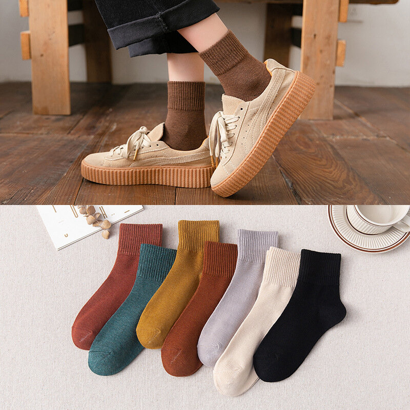COZOK คลาสสิกใหม่หลวมถุงเท้าผู้หญิง200เข็มผ้าฝ้ายถักซี่โครงสีทึบ10ชนิด4 Seasons Basic Daily ถุงเท้าผู้หญิง
