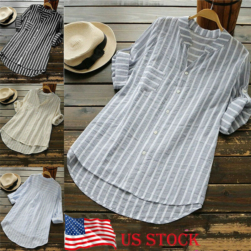 Women's Casual Summer Striped V-Neck Loose Soft Shirt Cotton and Linen Button Down Tunic Shirts Plus Size(S M L XL) Hot Sale