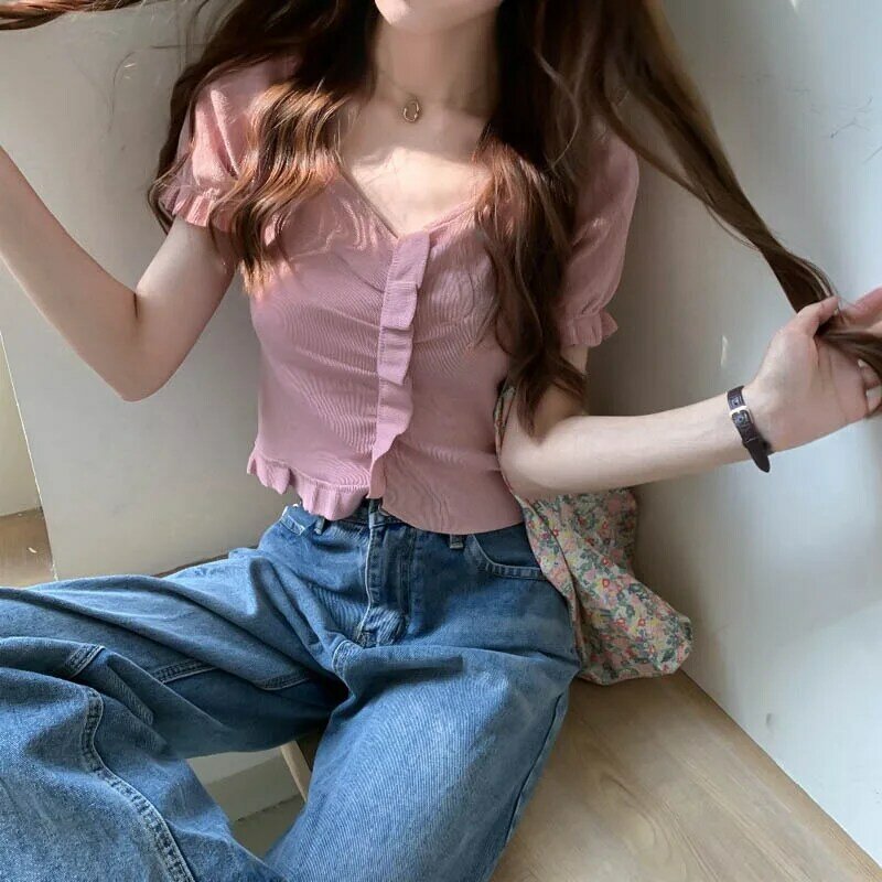 Xuan-Top de punto de manga corta con cuello en V para mujer, Top fino y delgado de color morado con orejas de madera, estilo BM, moda Ins, verano 2021
