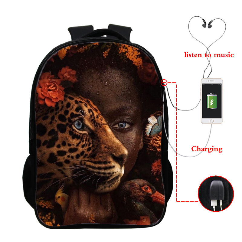 Mochila escolar tigre com estampa 3d, bolsa escolar para crianças com carregamento usb para meninas adolescentes