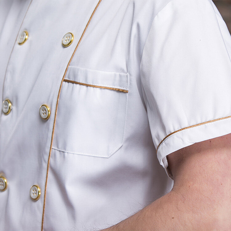 Unisex Chef Uniform Lebensmittel Service Koch Jacke Mantel Kurzarm Atmungsaktive Chef Shirt Küche Restaurant Doppel-breasted Uniformen
