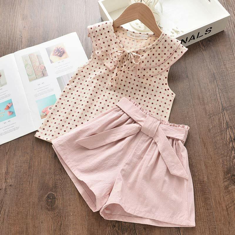 Cute Girls Clothing Sets Summer Casual Print Kids   Sleeveless Chiffon T-shirt Shorts 2PCS New Children  Suit