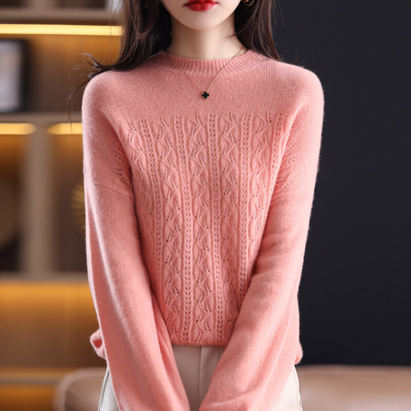 Women's Round Neck Cashmere Sweater Fashion Autumn And Winter Loose Jacquard Wild Thin Pullover Pure Wool Sweater Knit Bottoming