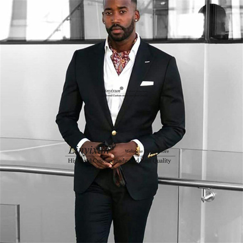 Black Business Men Suits Slim Fit African Wedding Tuxedos for Groom Peaked Lapel 2 Pieces Fashion Male Blazer with Pants Outfit