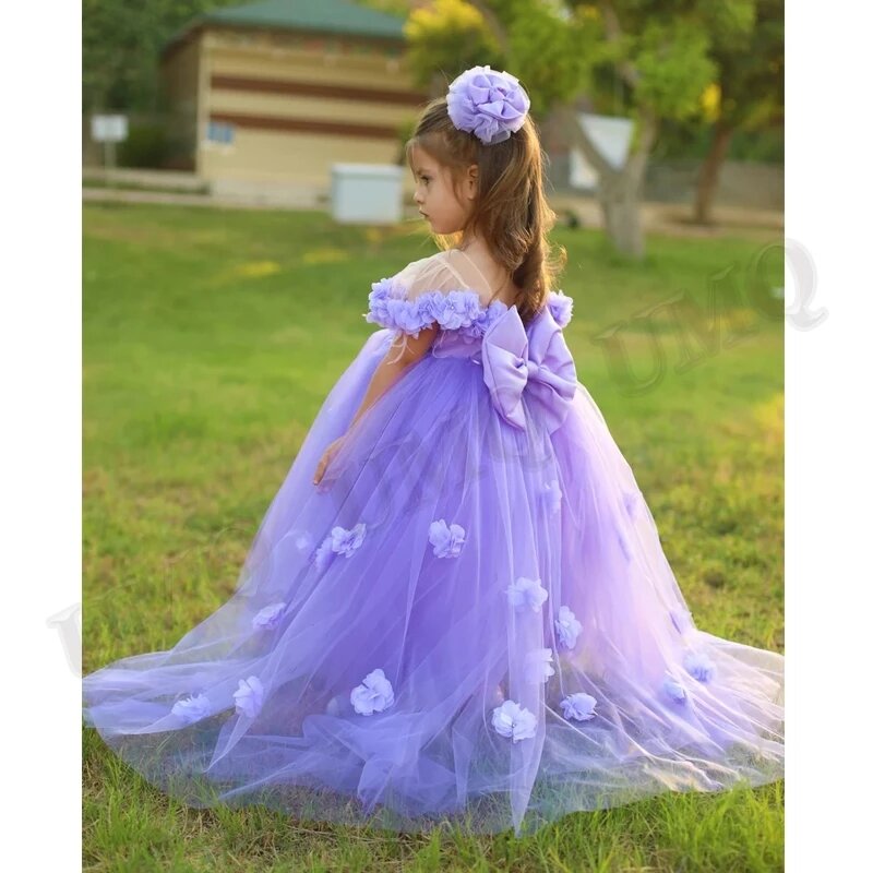 Purple Couture Flower Girl Dress Bow Wedding Party Dresses 3D Flowers Illusion Baby Birthday Costumes First Comunion