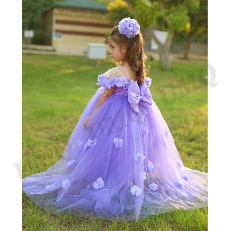 Roxo couture vestido da menina flor arco vestidos de festa de casamento 3d flores ilusão trajes de aniversário do bebê primeiro comunion