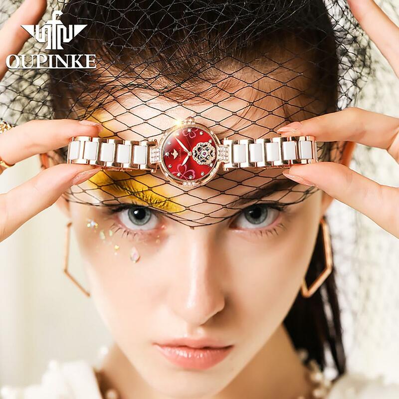 Oupinke relógio mecânico feminino moderno, com diamante cerâmica, safira, automático, à prova d'água, flash, presente para mulheres