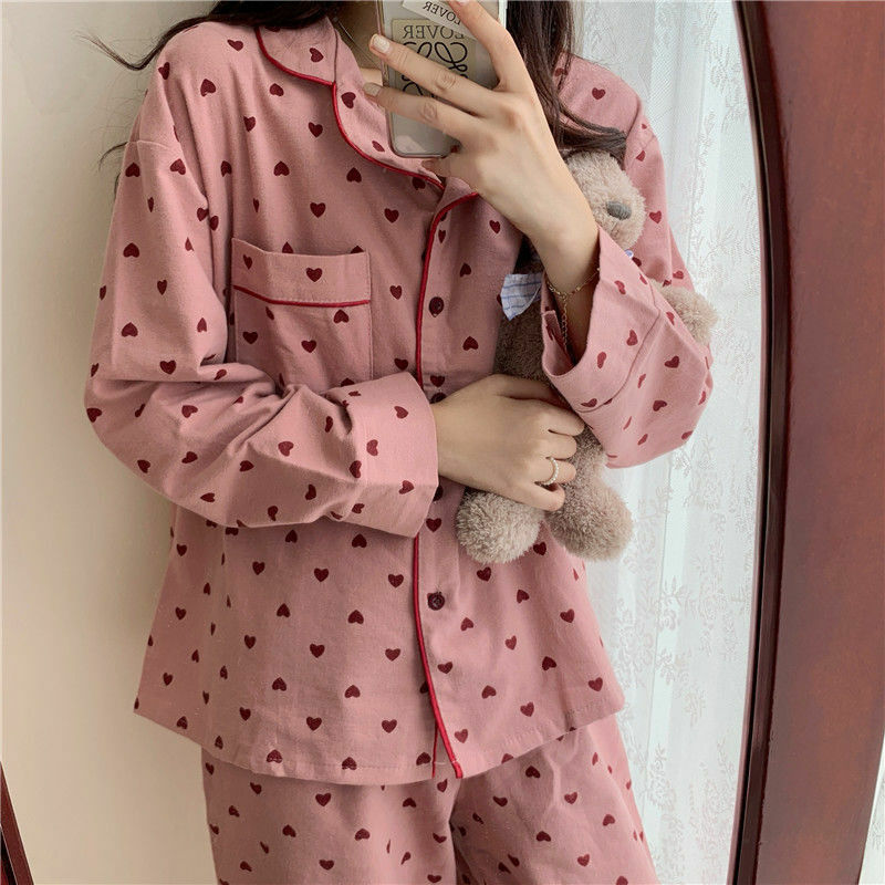 QWEEK Koreanische Herz Druck Pyjamas für Frauen Herbst Nachtwäsche Kawaii Pijamas 2 Stück Weibliche Set Anzug Whit Hosen Pyjamas Loungewear