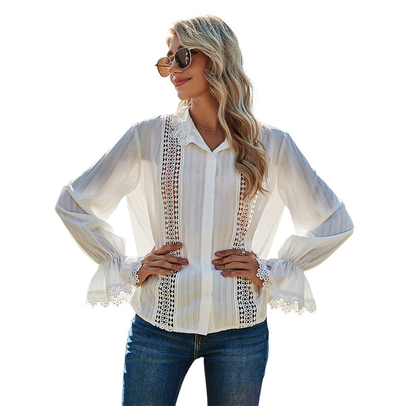 Chemise à manches longues pour femme, Blouse blanche ajourée en dentelle cousue, mode européenne et américaine, nouvelle collection été 2021