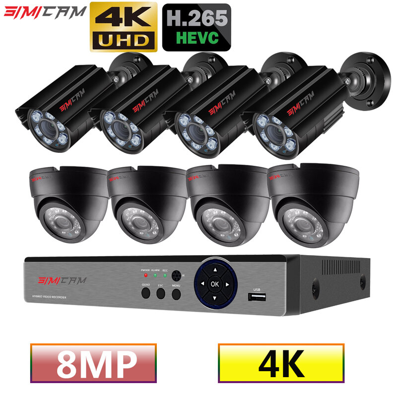 Kit telecamera di videosorveglianza 4K Ultra HD 8X 8MP 8ch H265 DVR 30mNight Vision Out Door Wate Proof SIMICAM Cctv Security System