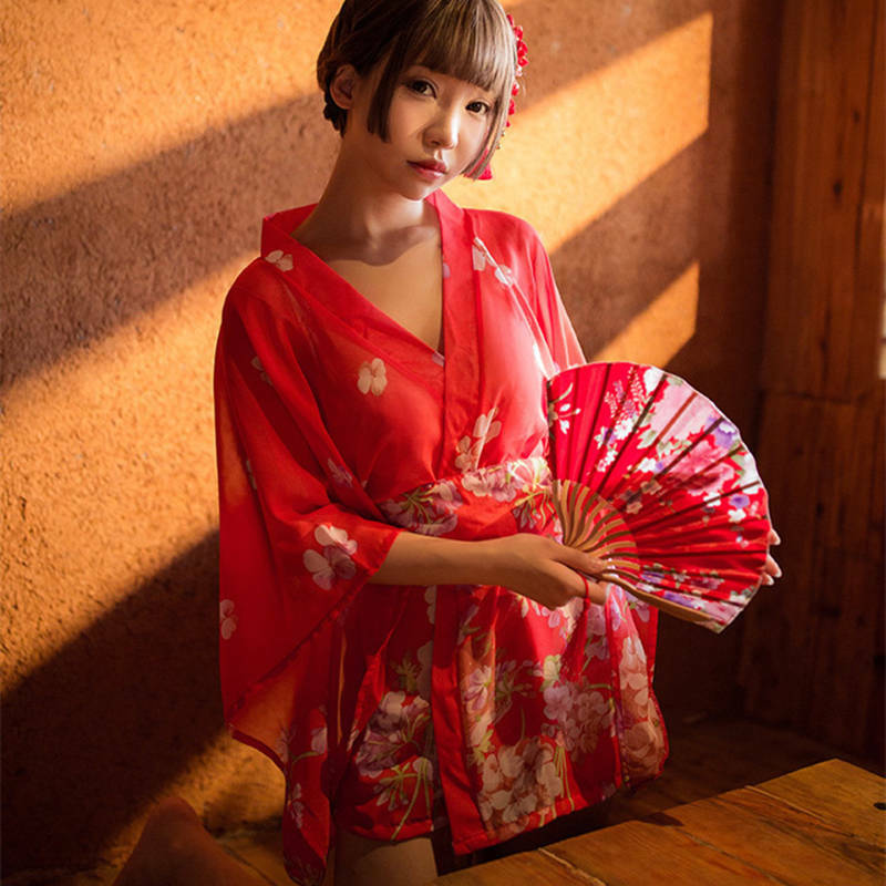 New Sexy Lingerie Net Yarn Red Exquisite Printed Chiffon Waist Bow Tie Wide Sleeves Perspective Retro Kimono Japanese Set