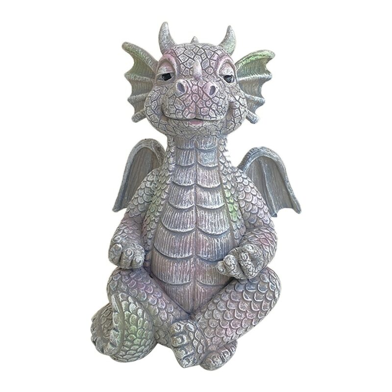 Estátua meditada de dragão em jardim, ornamento de resina em forma de dinossauro pequena para decoração, jardim, quintal, dragão meditado