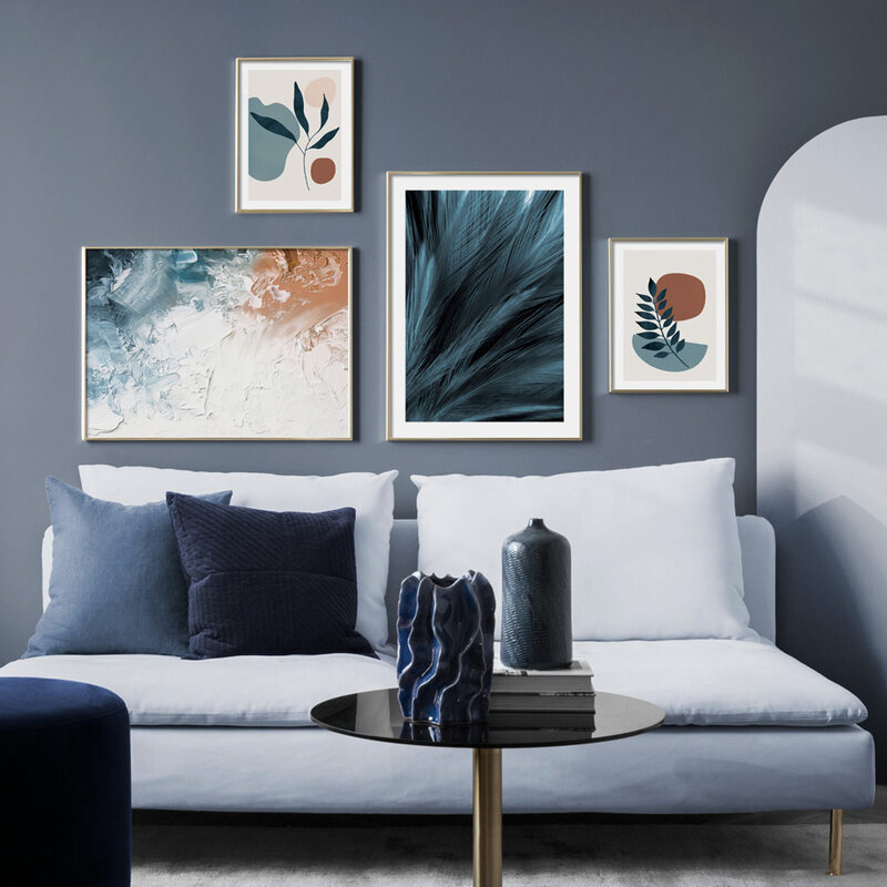 Ciemne niebieskie pióra botaniczny abstrakcyjny olej drewno Nordic plakaty i druki obraz ścienny na płótnie wystrój zdjęcia do salonu
