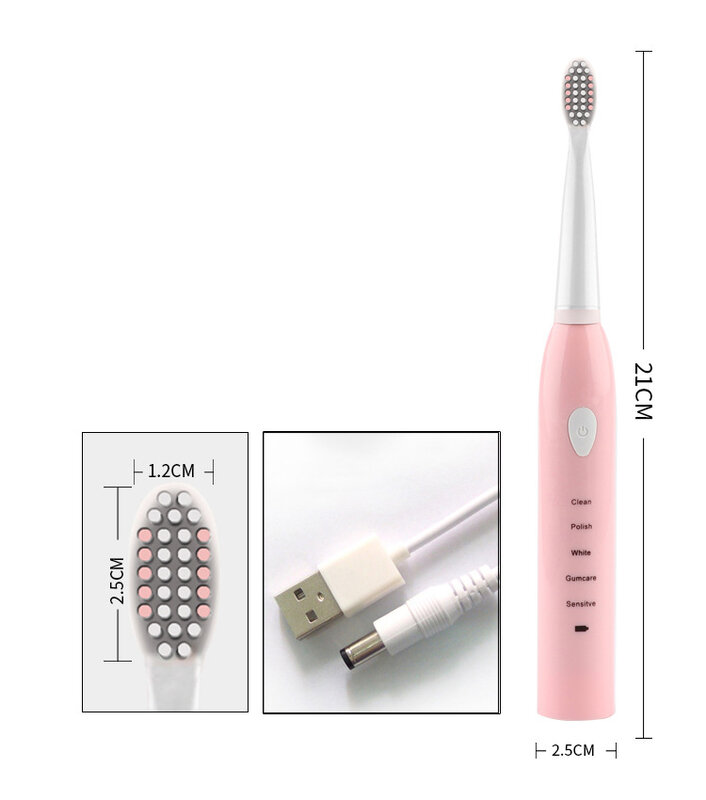 Cepillo de dientes eléctrico ultrasónico, recargable, lavable, blanqueamiento de dientes electrónico, temporizador para adultos