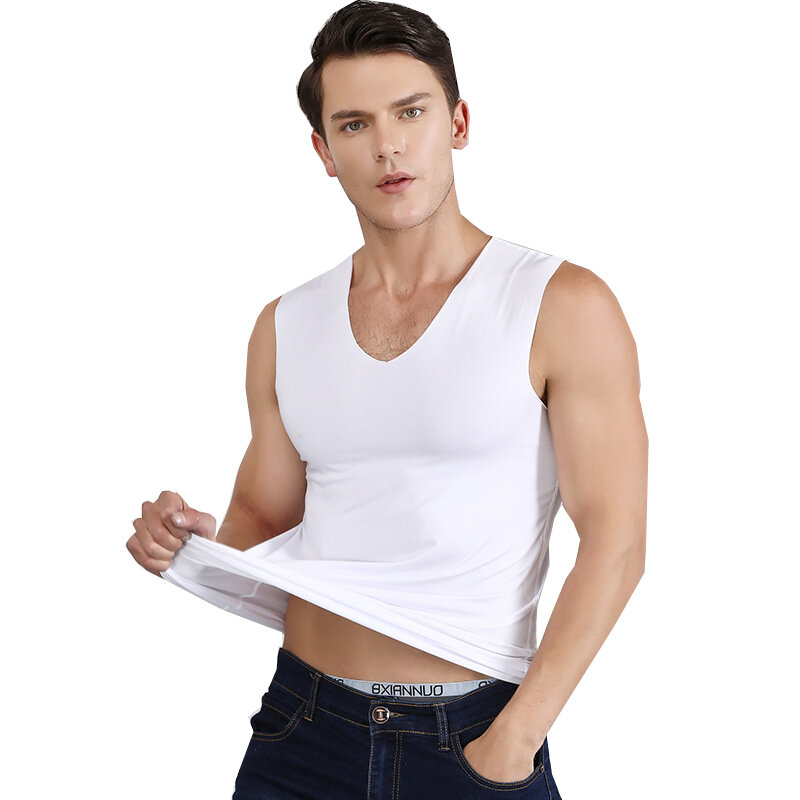 Camiseta de seda de gelo masculina camiseta com decote em v camisola de tanque de fitness colete masculino de seda de gelo